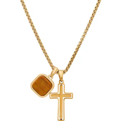 Hmy Jewelry Cross & Tiger's Eye Pendant Necklace In Multi