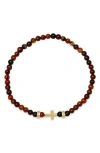 Hmy Jewelry Cross Charm Red Agate Beaded Stretch Bracelet In Gold/red/black