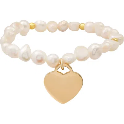 Hmy Jewelry Freshwater Pearl Heart Charm Bracelet In Gold/cream