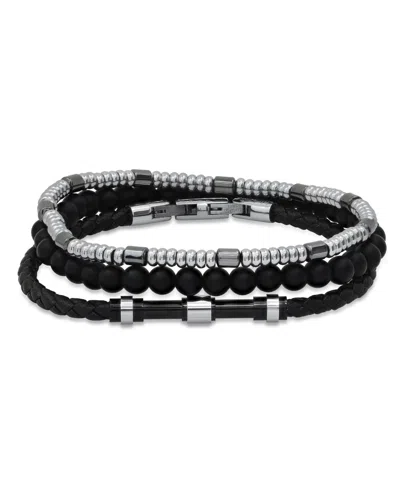 Hmy Jewelry Hickey By Hickey Freeman Genuine Leather Skinny With Stainless Steel Hematite Bracelet, 3 Piece Set In Multi