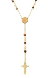 Hmy Jewelry Mens' 18k Gold Plate Stainless Steel Crystal Rosary Necklace In Brown/gold