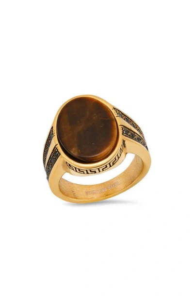Hmy Jewelry Mens' 18k Gold Plate Stainless Steel Tiger's Eye Signet Ring In Gold/ Brown