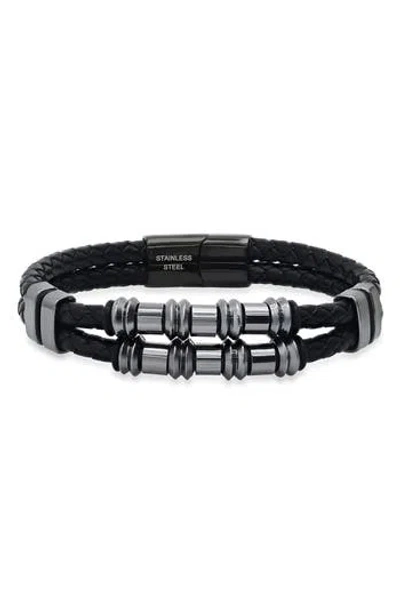 Hmy Jewelry Mens' Double-strand Bead & Braided Leather Bracelet In Gunmetal/black
