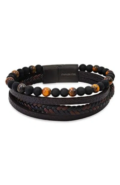 Hmy Jewelry Mens' Multi-strand Bead & Braided Leather Bracelet In Brown/black