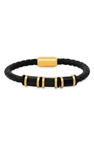 Hmy Jewelry Mens' Two-tone Braided Leather Bracelet In Gold/black