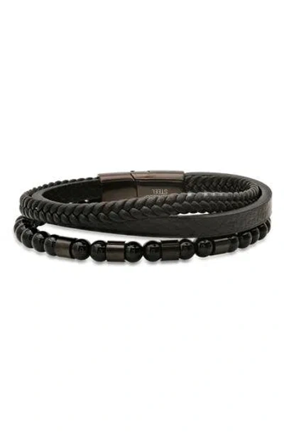 Hmy Jewelry Set Of 2 Bead & Leather Bracelets In Black