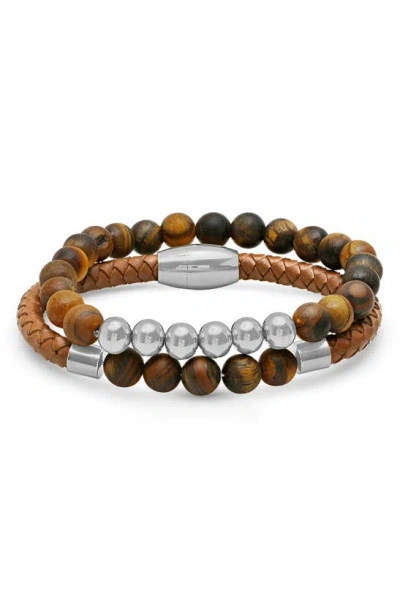 Hmy Jewelry Set Of 2 Beaded & Braided Leather Bracelets In Brown
