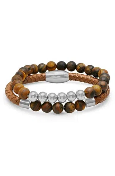 Hmy Jewelry Set Of 2 Beaded & Braided Leather Bracelets In Silver/brown