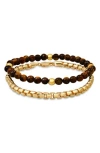 Hmy Jewelry Set Of 2 Box Chain & Tiger's Eye Beaded Bracelets In Gold/brown/black