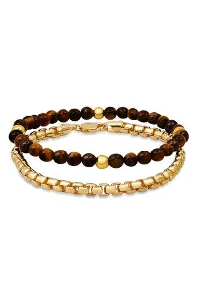Hmy Jewelry Set Of 2 Box Chain & Tiger's Eye Beaded Bracelets In Gold/brown/black