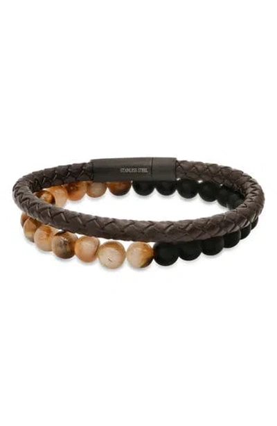 Hmy Jewelry Set Of 2 Braided Leather & Bead Bracelets In Brown