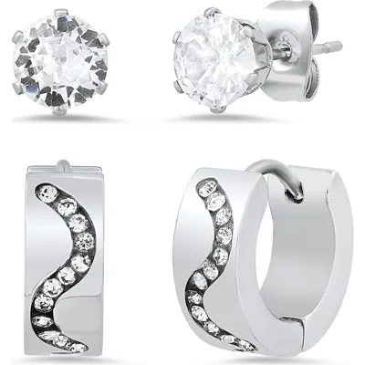 Hmy Jewelry Set Of 2 Crystal Stud & Huggie Hoop Earrings In Metallic