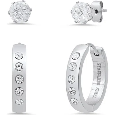 Hmy Jewelry Set Of 2 Stainless Steel Crystal Stud & Hoop Earrings In White
