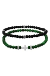 Hmy Jewelry Set Of 2 Sterling Silver Jade & Lava Stone Beaded Stretch Bracelets In Green