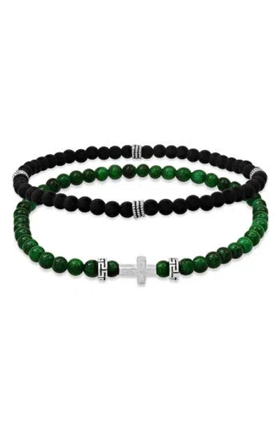 Hmy Jewelry Set Of 2 Sterling Silver Jade & Lava Stone Beaded Stretch Bracelets In Silver/green/black