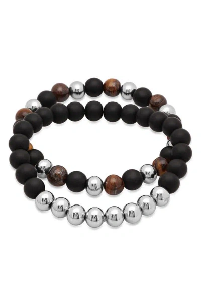 Hmy Jewelry Set Of 2 Stretch Beaded Bracelet In Silver/ Brown/ Black