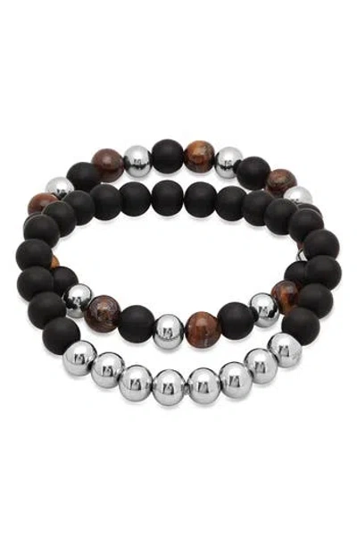 Hmy Jewelry Set Of 2 Stretch Beaded Bracelet In Silver/brown/black