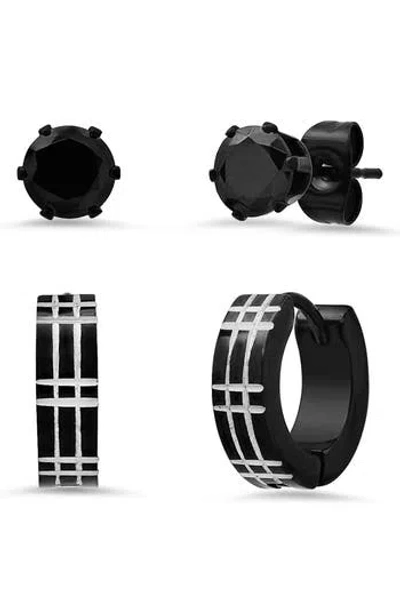 Hmy Jewelry Set Of 2 Two-tone Stainless Steel Crystal Stud & Hoop Earrings In Black
