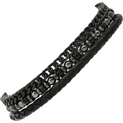 Hmy Jewelry Set Of 3 Assorted Hematite, Chain & Leather Bracelets In Black