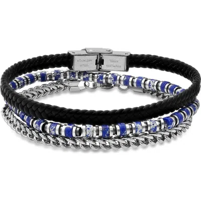 Hmy Jewelry Set Of 3 Assorted Lapis Lazuli, Chain & Leather Bracelets In Black