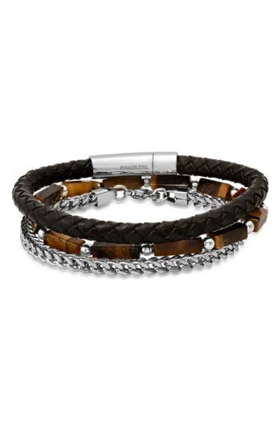 Hmy Jewelry Set Of 3 Tiger's-eye, Chain & Leather Bracelets In Black