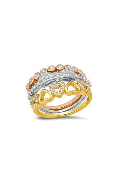 Hmy Jewelry Set Of 3 Tri-tone 18k Gold Plated Simulated Diamond Stackable Rings In Multi