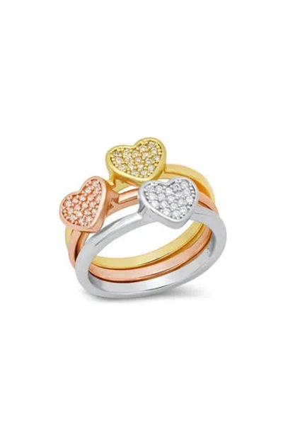 Hmy Jewelry Set Of 3 Tri-tone Pavé Heart Rings In Gold