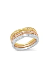 Hmy Jewelry Set Of 3 Tri-tone Simulated Diamond Band Rings In Multi