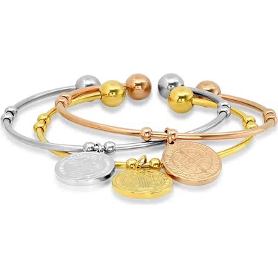 Hmy Jewelry Set Of 3 Tri-tone Charm Cuff Bracelets