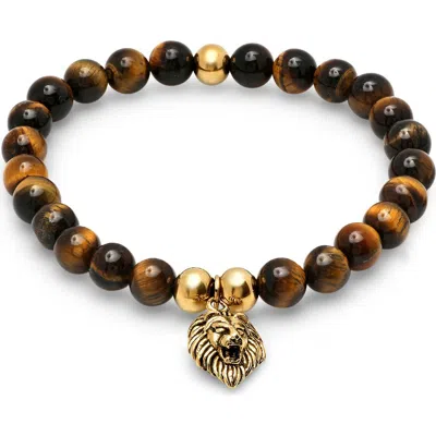 Hmy Jewelry Stainless Steel & Tiger Eye Beaded Tiger Charm Bracelet In Brown