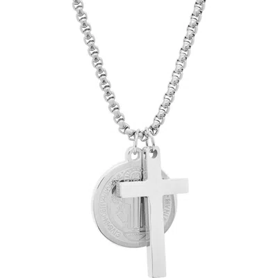 Hmy Jewelry Stainless Steel Cross & Saint Pendant Necklace In Silver