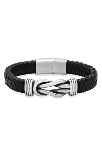 Hmy Jewelry Stainless Steel Knot Charm Leather Braided Bracelet In Black-metallic