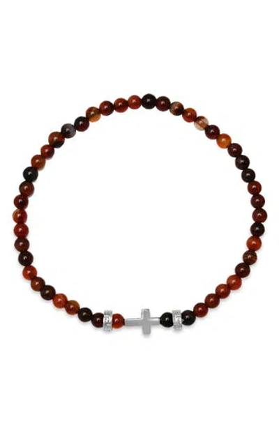 Hmy Jewelry Sterling Silver Cross Red Agate Beaded Stretch Bracelet In Silver/red/black
