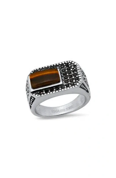 Hmy Jewelry Tiger's Eye & Cz Ring In Brown/silver