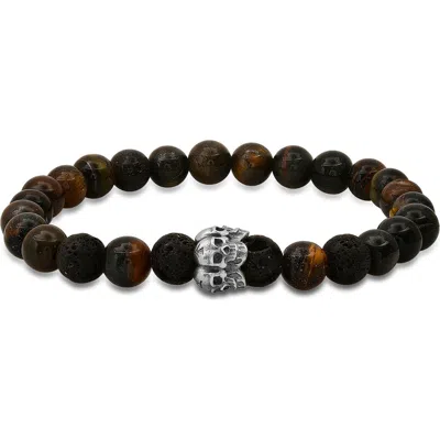 Hmy Jewelry Sterling Silver Tiger's Eye & Lava Bead Stretch Bracelet In Brown/black