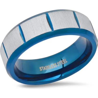 Hmy Jewelry Two-tone Blue Ion Plated Stainless Steel Brushed Band Ring In Blue/metallic
