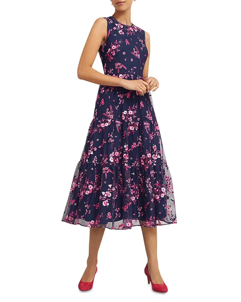 Hobbs London Bethany Floral Embroidered Midi Dress In Navy Pink | ModeSens