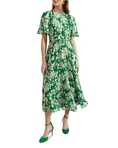 Hobbs London Bronwyn Floral Print Silk Midi Dress In Green Multi