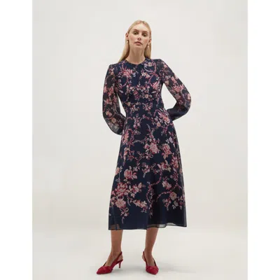 Hobbs London Demi Floral Print Silk Midi Dress In Midnightmulti