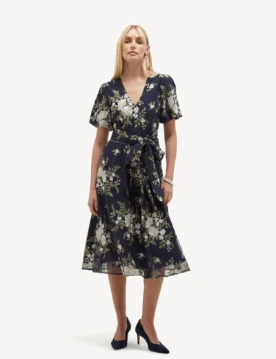 Hobbs London Ira Embroidered V-neck Midi Dress In Blue