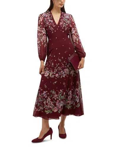 Hobbs London Maeve Silk V Neck Dress In Burgundy