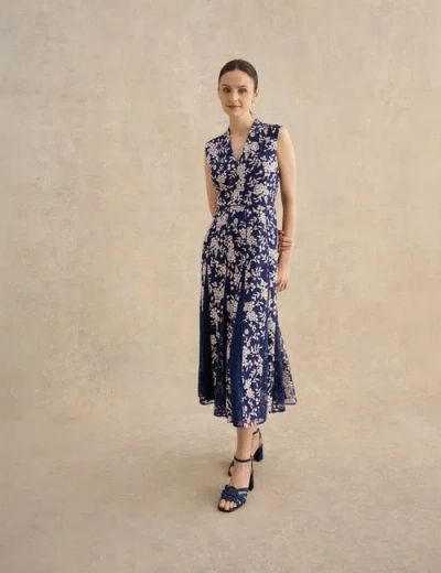 Hobbs London Quin Sleeveless V-neck Embroidered Dress In Blue