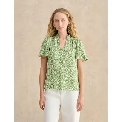 Hobbs London Tania Short Sleeve V-neck Printed Blouse In Green
