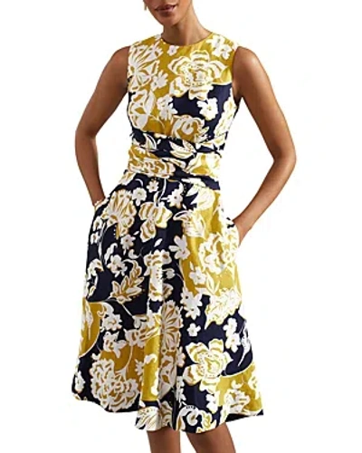 Hobbs London Twitchill Printed Linen Sleeveless Dress In Navy Yellow