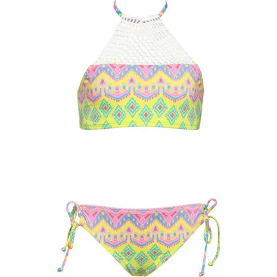 Hobie Kids' Print Crochet Trim Two-piece Swimsuit In Citron