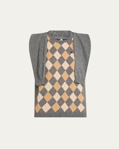 Hodakova Argyle Knitted Draped-sleeve Sweater Vest In Gray