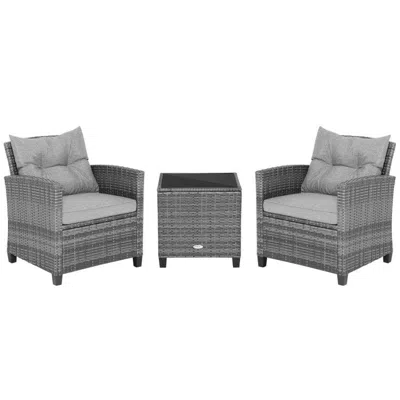 Hodetail 3 Pieces Outdoor Wicker Conversation Set With Tempered Glass Tabletop