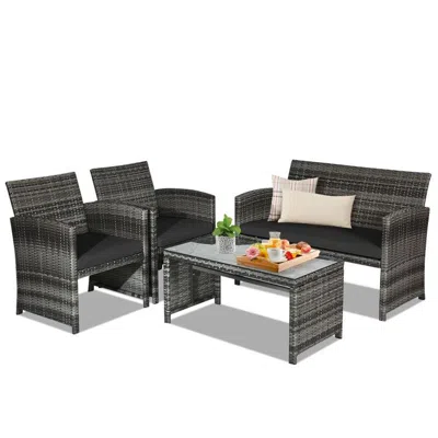 Hodetail 4 Pieces Patio Rattan Furniture Set With Glass Table And Loveseat