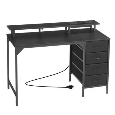 Hodetail 47" Computer Desk With Led Lights & Power Outlets, Gaming Table With 4 Large Drawers, Office Desk Wi
