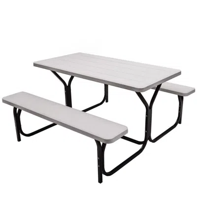 Hodetail All Weather Outdoor Picnic Table Bench Set With Metal Base Wood